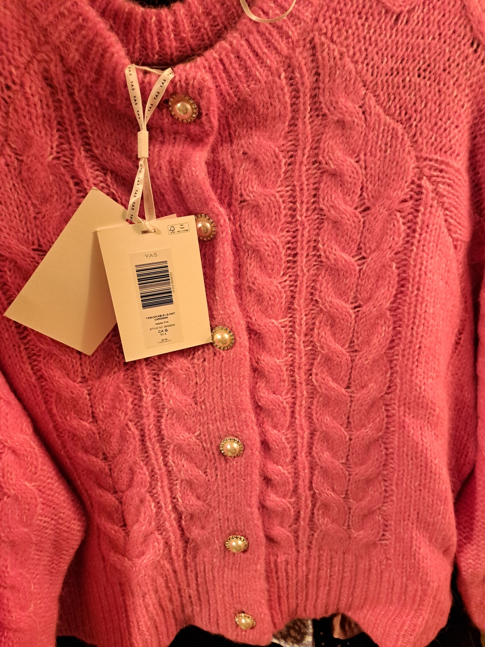 Pearl-Button Cable Knit Cardigan Sweater in Rose Pink